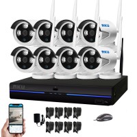 Kit supraveghere video AKU wireless 8 camere IP CLEAR HD + NVR 8 canale H264 interior exterior carcase metalice cu infrarosu 25m iesire internet cu vizualizare pe telefon mobil tableta si desktop